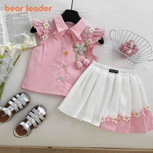 Little Girls Daisy Skirt Set – Ruffle Sleeve Button Top & Skirt (2T–7)