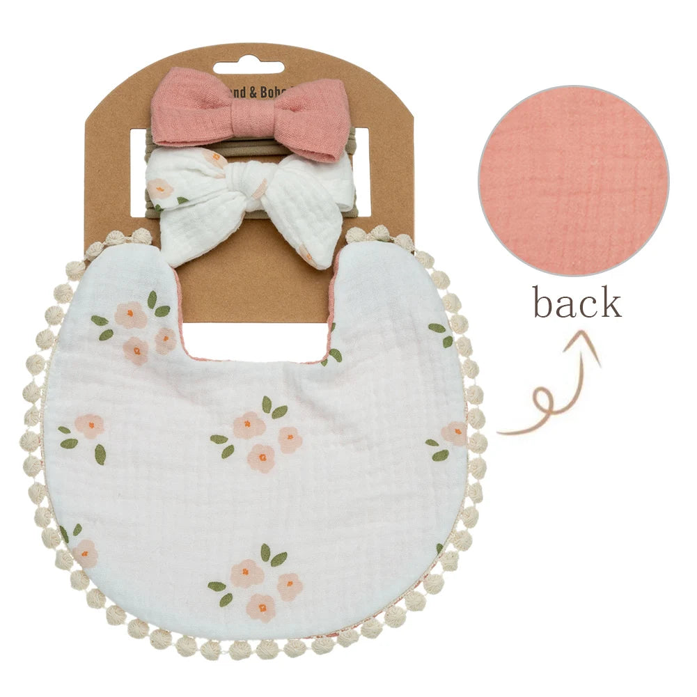 Floral Muslin Baby Bib & Bow Headband Set – 3 Piece Gift Set