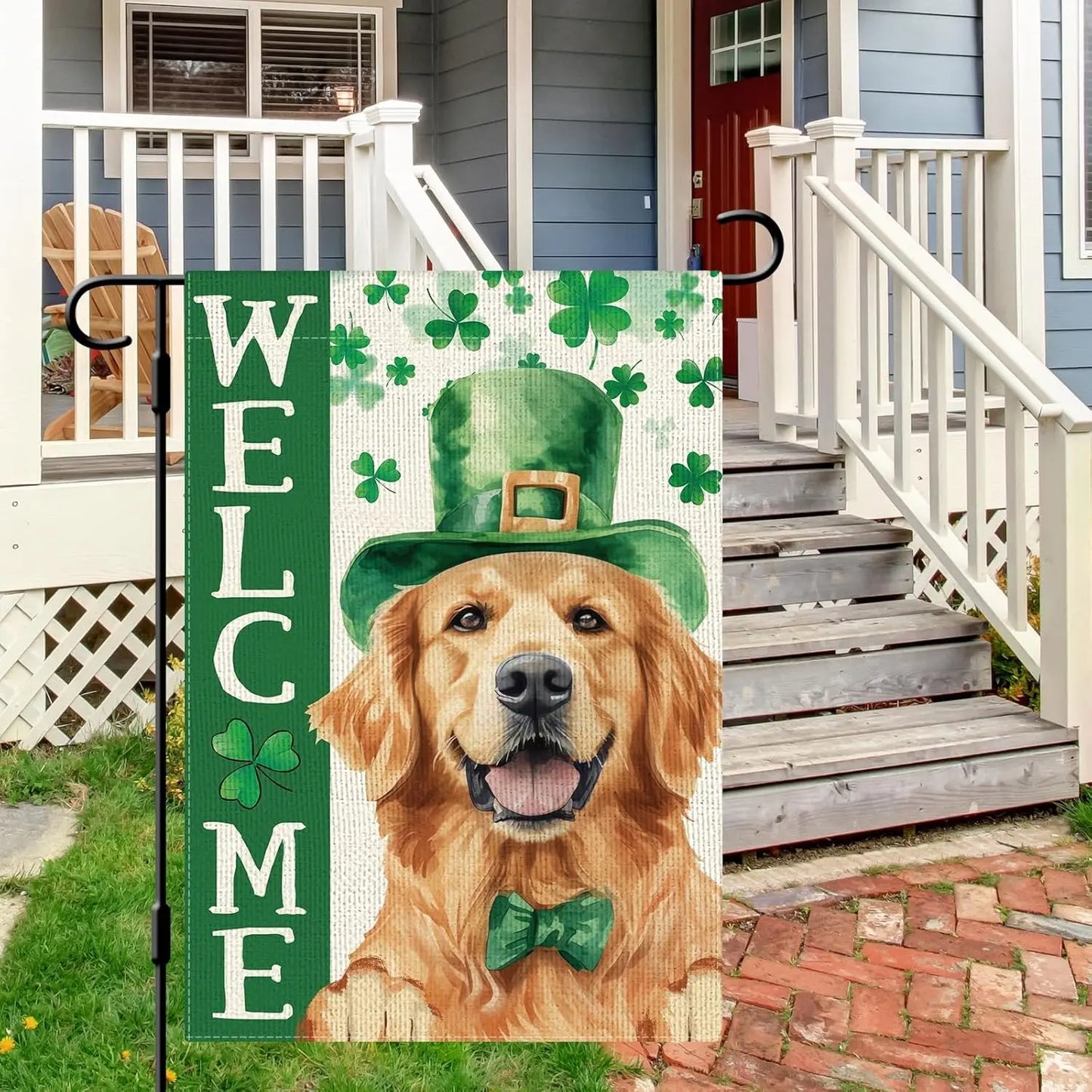 St. Patrick’s Day Golden Retriever Garden Flag – Welcome Shamrock Dog Flag