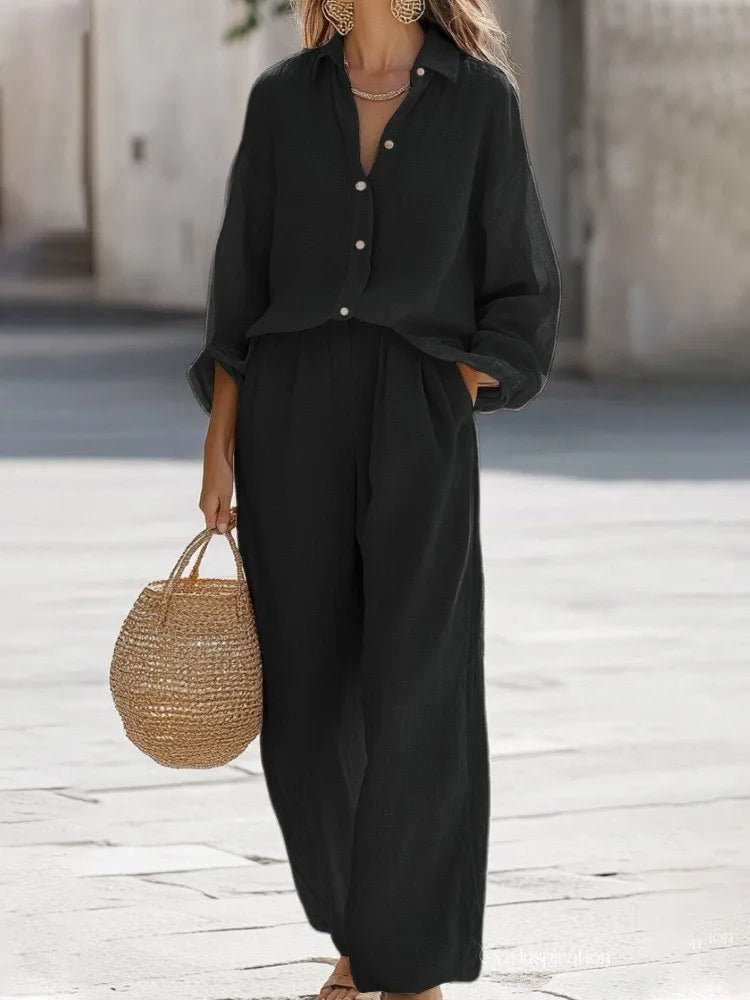 Lightweight Button-Up Lounge Set – Relaxed Top & Wide Leg Pants