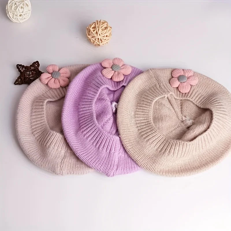 Sweet Blossom Knit Beret – Soft Flower Toddler Hat