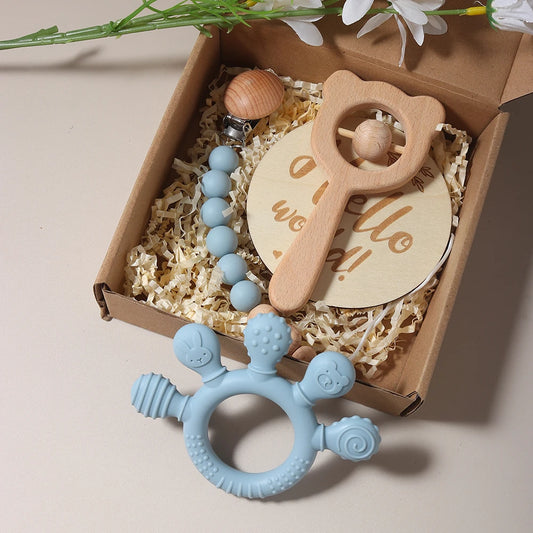 Woodland Bear Teether & Keepsake Gift Set – Silicone + Natural Wood (5 Colors)