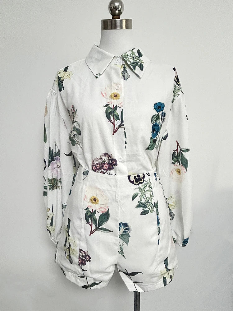 Botanical Floral Print Shirt High Waisted Short Set