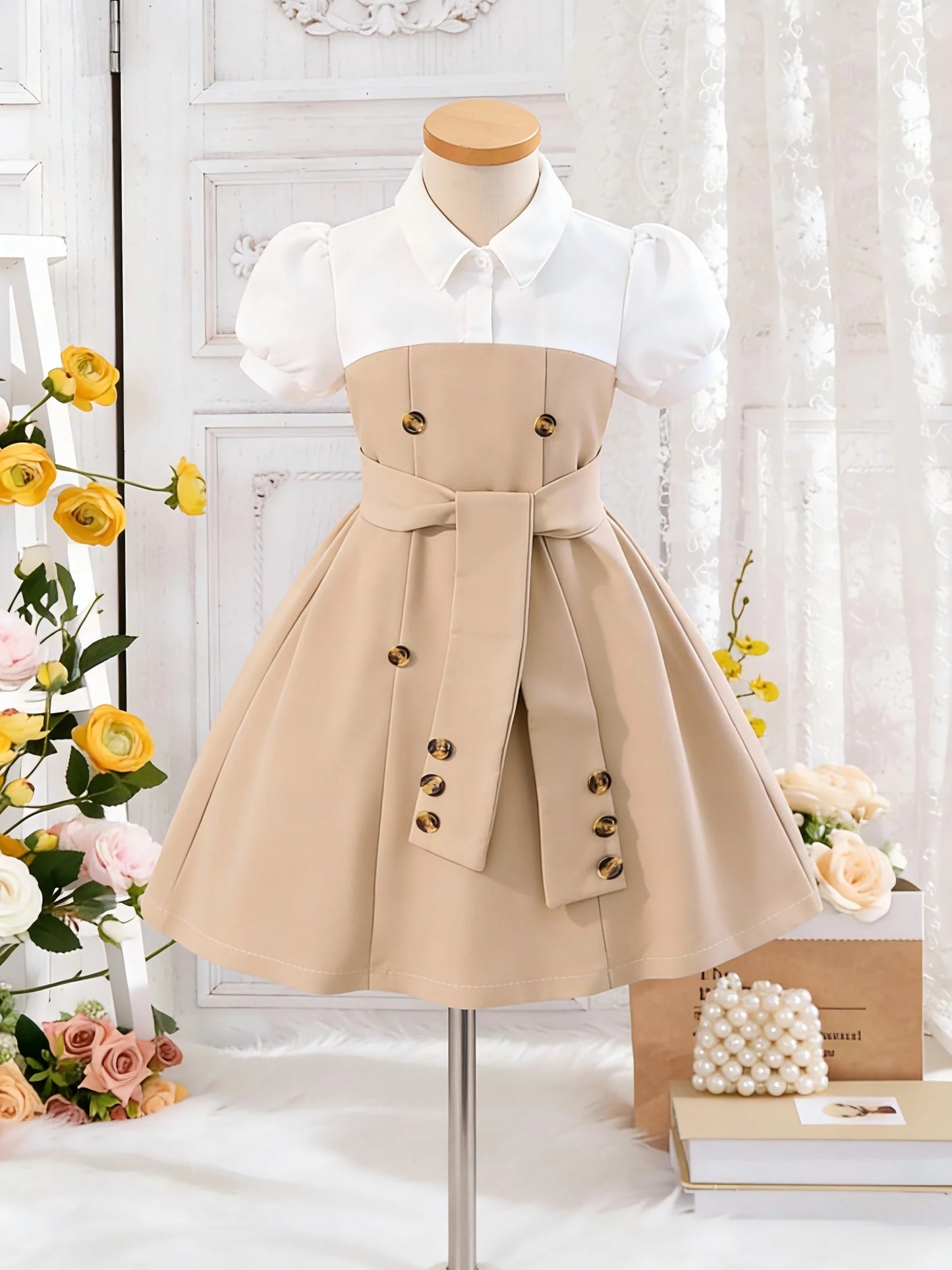 Little Girls Button Detail Dress – Puff Sleeve Special Occasion Dress (4–7)