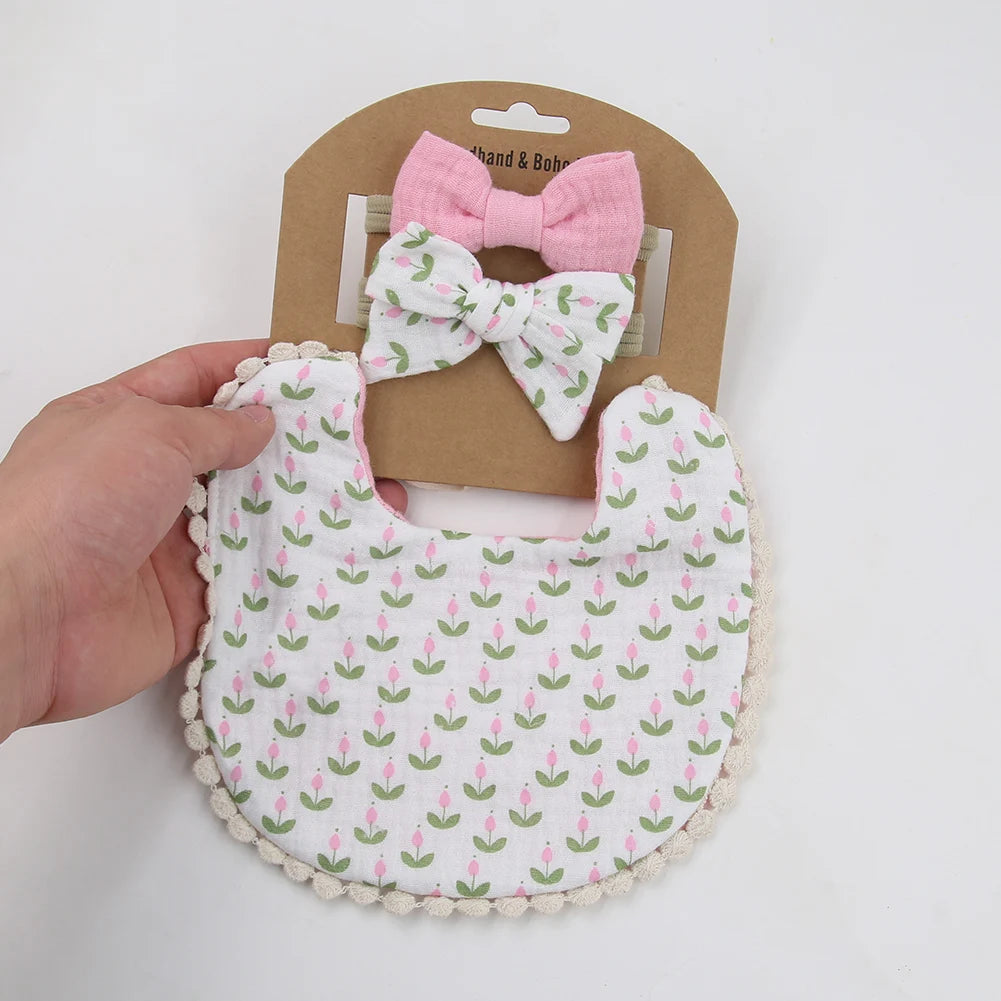 Floral Muslin Baby Bib & Bow Headband Set – 3 Piece Gift Set
