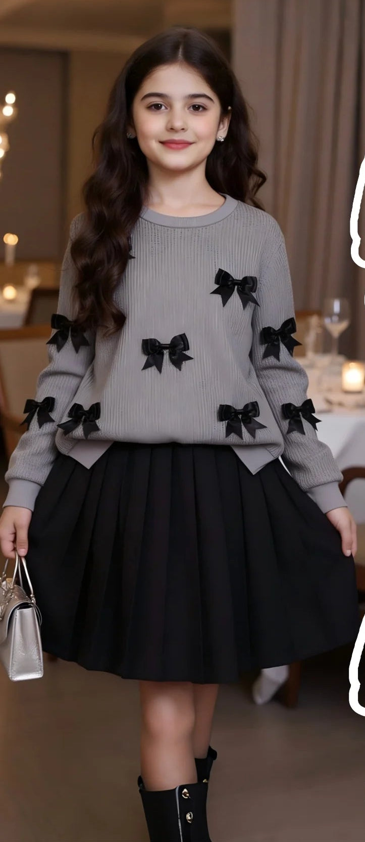 Girls Bow Sweater & Pleated Skirt Set –Dressy Two-Piece Outfit (8–12)