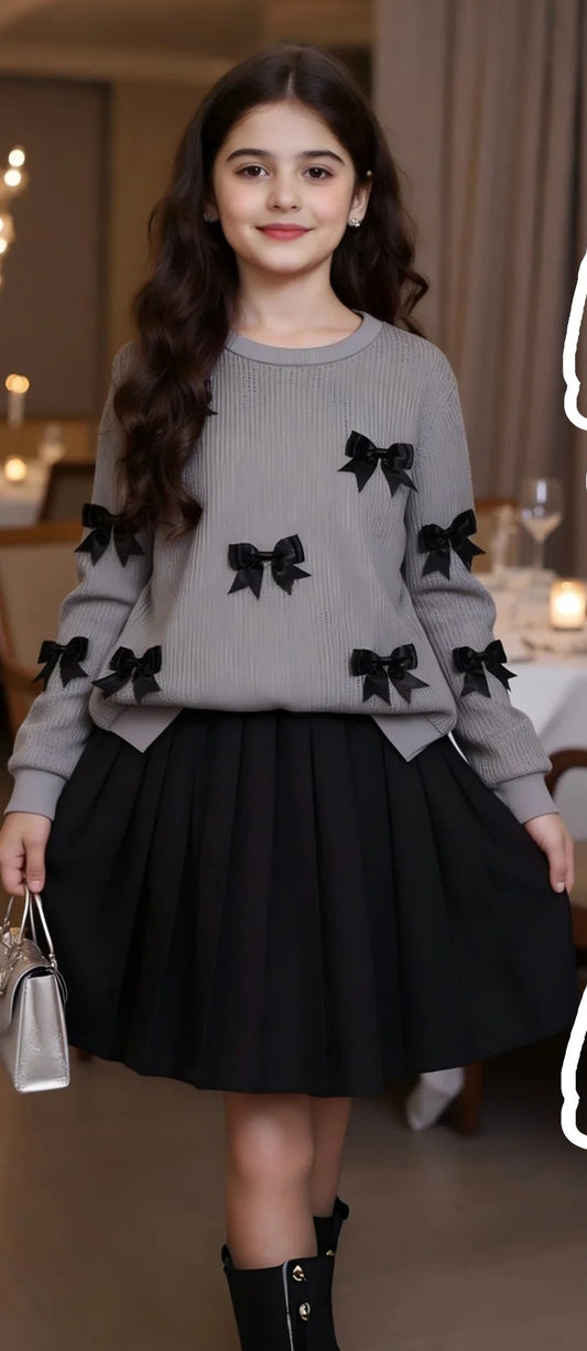 Girls Bow Sweater & Pleated Skirt Set –Dressy Two-Piece Outfit (8–12)