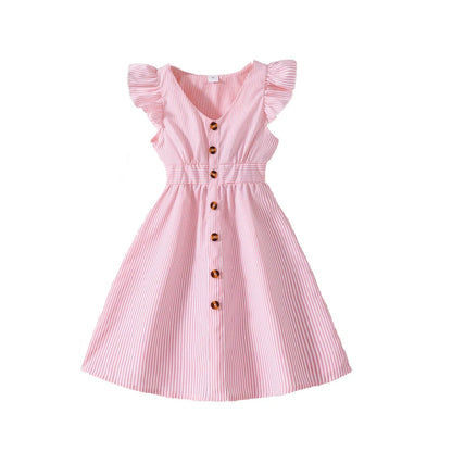 Girls Flutter Sleeve Striped Dress – Button Front Summer Style (8–12)