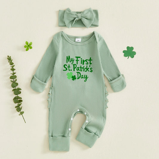 🍀 My First St. Patrick’s Day Baby Romper & Bow Set