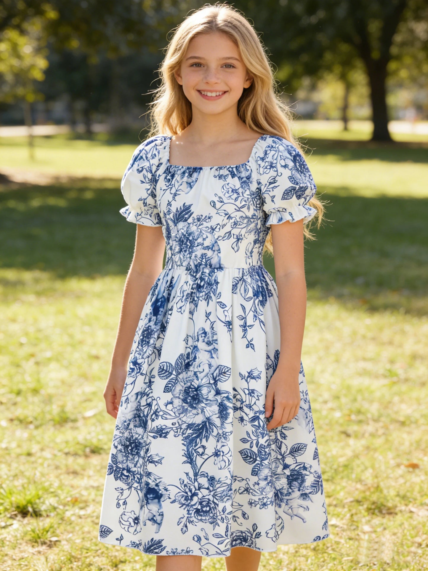 Girls Blue & White Floral Twirl Dress – Cottage Summer Style