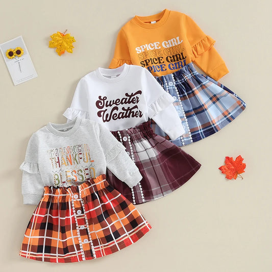 Fall Plaid Skirt Set – Graphic Sweatshirt & Button Skirt Outfit