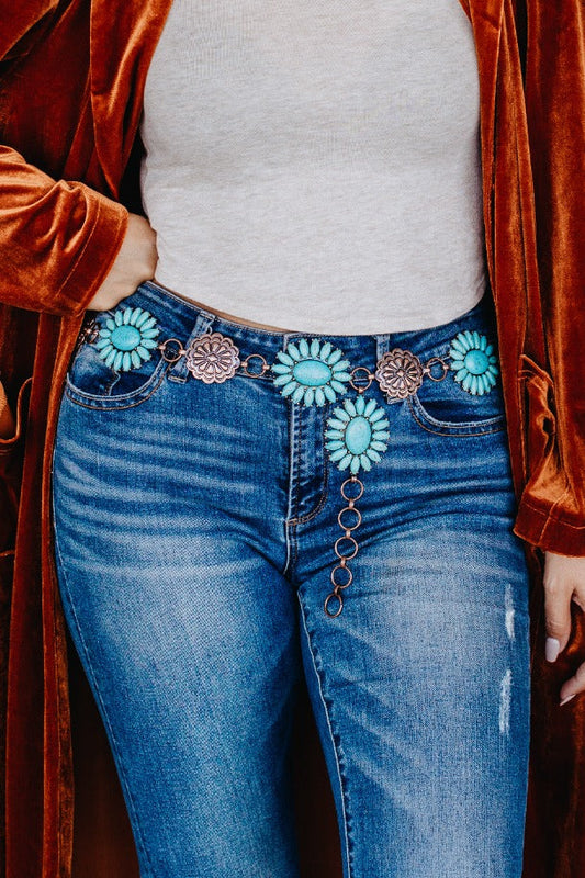 Forever Chasing Cowboys Copper Turquoise Floral Concho Link Belt Regular and Plus Size