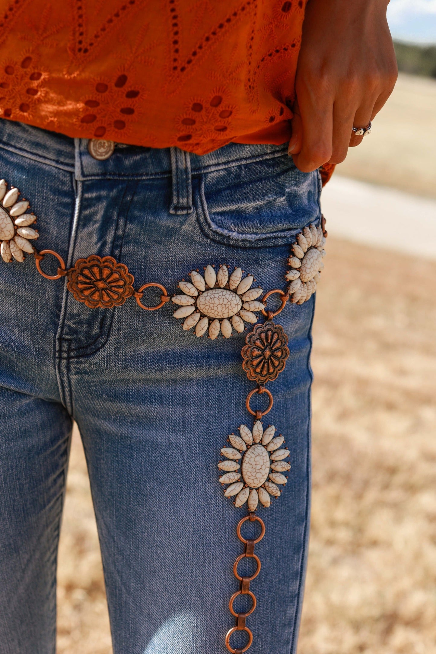 Forever Chasing Cowboys Copper Cream Floral Concho Link Belt Plus