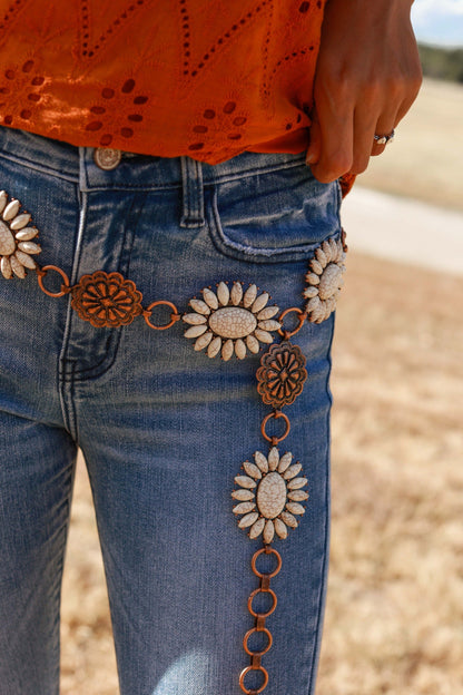 Forever Chasing Cowboys Copper Cream Floral Concho Link Belt Plus