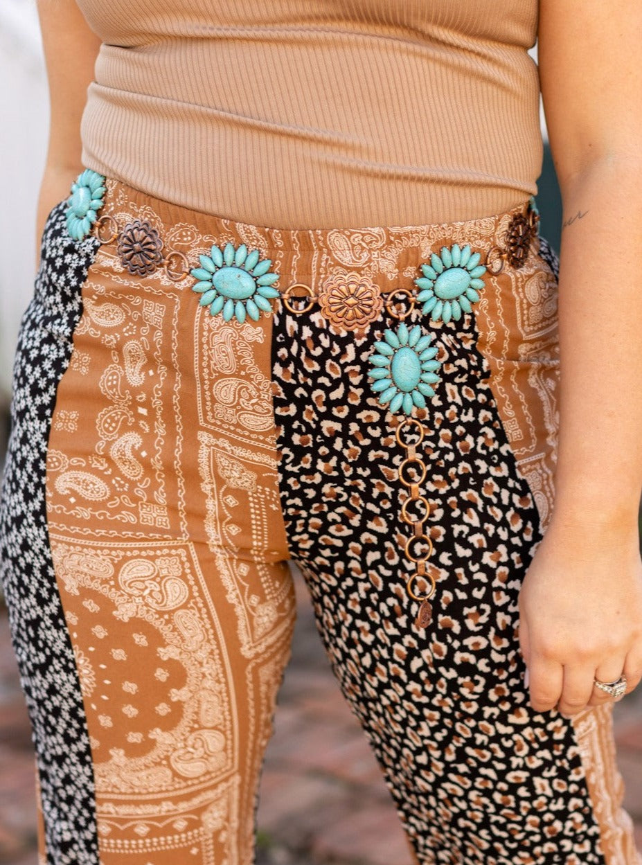 Forever Chasing Cowboys Copper Turquoise Floral Concho Link Belt Regular and Plus Size