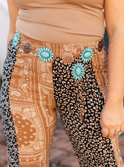 Forever Chasing Cowboys Copper Turquoise Floral Concho Link Belt Regular and Plus Size