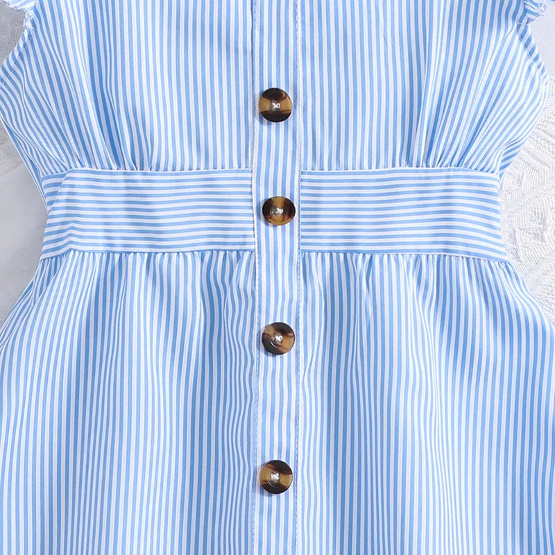 Girls Flutter Sleeve Striped Dress – Button Front Summer Style (8–12)