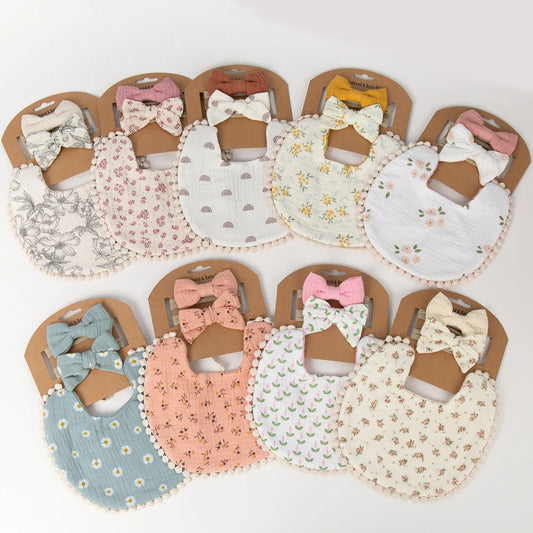 Floral Muslin Baby Bib & Bow Headband Set – 3 Piece Gift Set