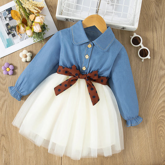Girls Denim Top Tulle Dress – Bow Waist Special Occasion Dress (2T–6)