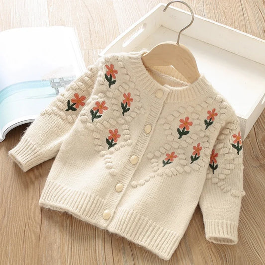 Girls' Floral Embroidered Knitted Cardigan Sweater