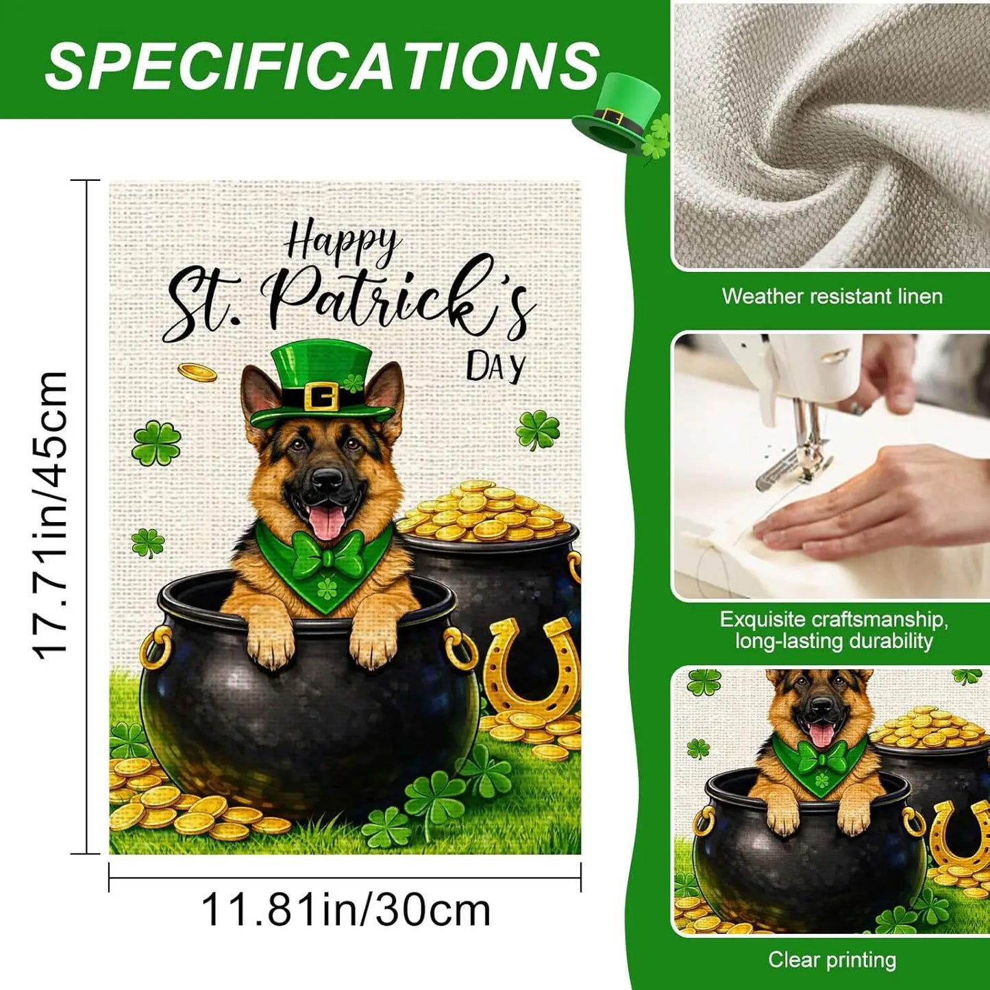 St. Patrick’s Day Dog Garden Flag – German Shepherd Lucky Pot of Gold Flag