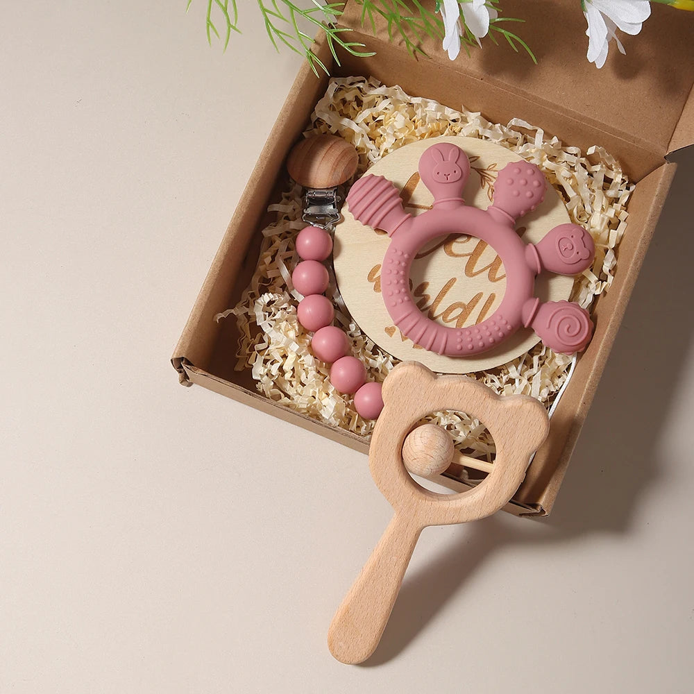 Woodland Bear Teether & Keepsake Gift Set – Silicone + Natural Wood (5 Colors)