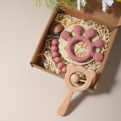 Woodland Bear Teether & Keepsake Gift Set – Silicone + Natural Wood (5 Colors)