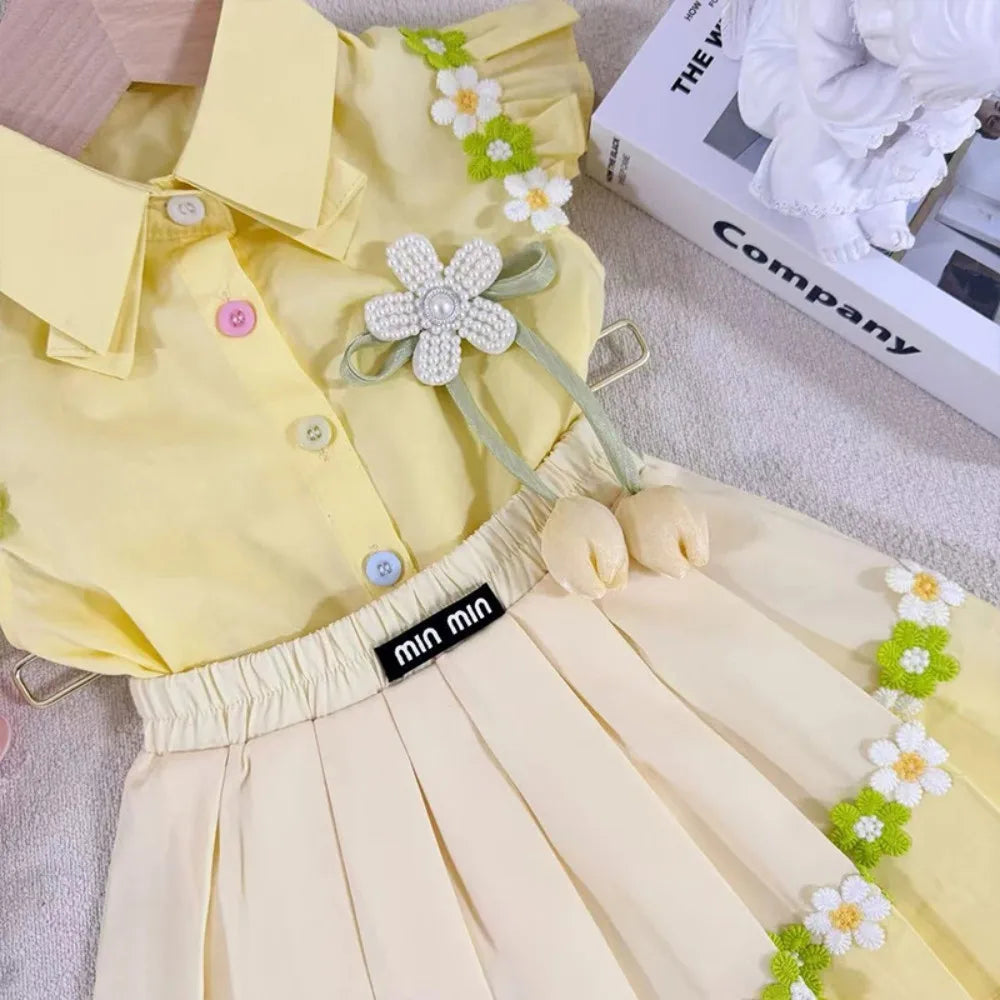 Little Girls Daisy Skirt Set – Ruffle Sleeve Button Top & Skirt (2T–7)