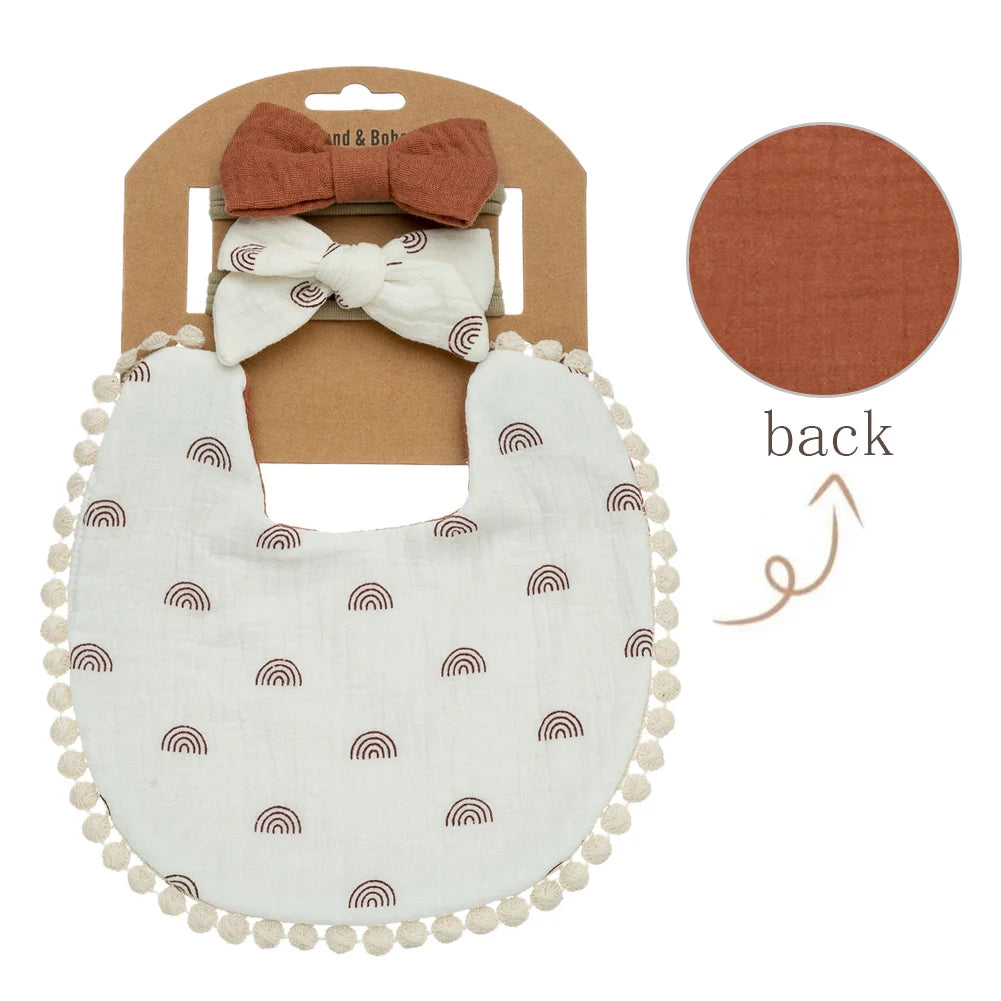 Floral Muslin Baby Bib & Bow Headband Set – 3 Piece Gift Set