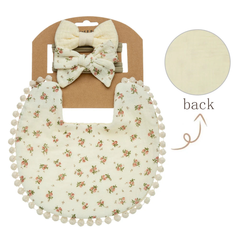 Floral Muslin Baby Bib & Bow Headband Set – 3 Piece Gift Set