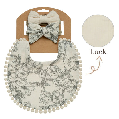 Floral Muslin Baby Bib & Bow Headband Set – 3 Piece Gift Set