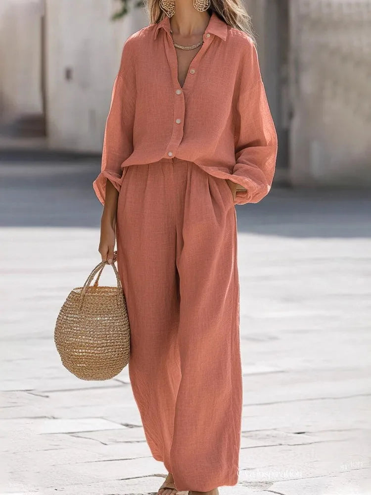 Lightweight Button-Up Lounge Set – Relaxed Top & Wide Leg Pants