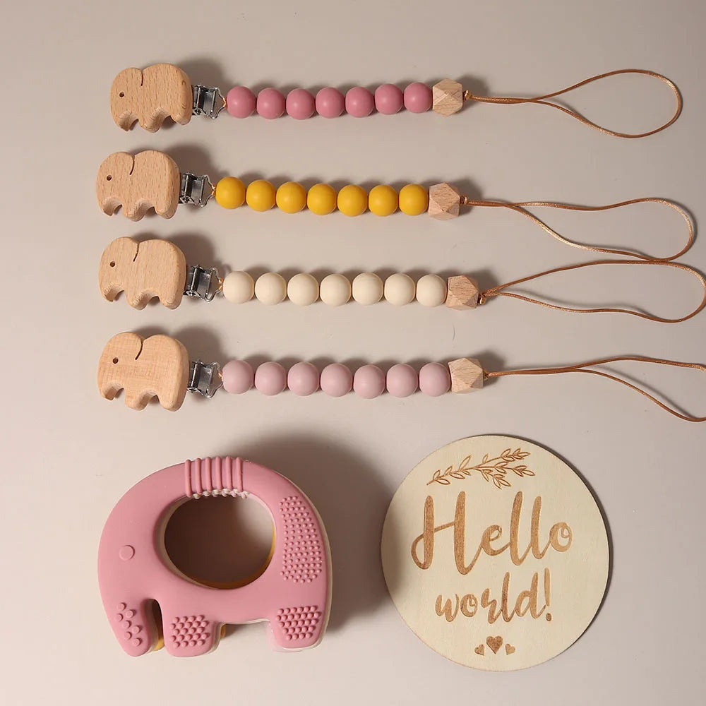 Elephant Teething Gift Set – Silicone & Wooden Teethers, Pacifier Clip & Milestone Keepsake (5-Piece Set)