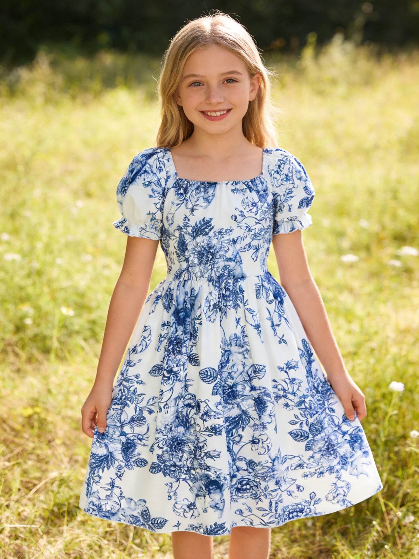 Girls Blue & White Floral Twirl Dress – Cottage Summer Style