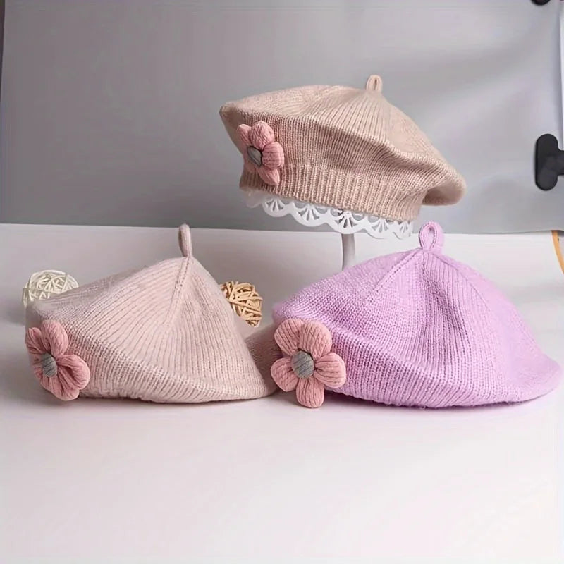 Sweet Blossom Knit Beret – Soft Flower Toddler Hat