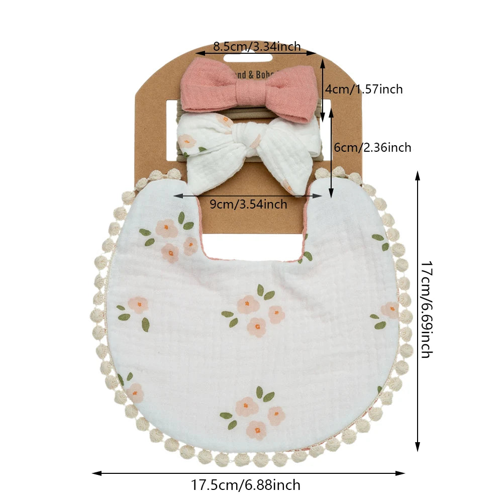 Floral Muslin Baby Bib & Bow Headband Set – 3 Piece Gift Set