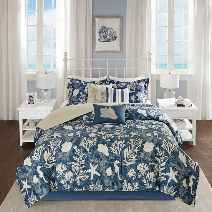 Seashell Coastal Navy Blue 7-Piece Comforter Set