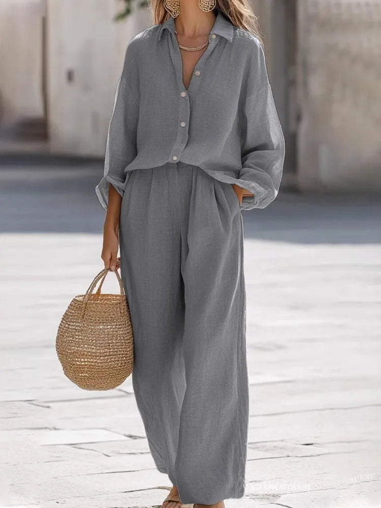 Lightweight Button-Up Lounge Set – Relaxed Top & Wide Leg Pants