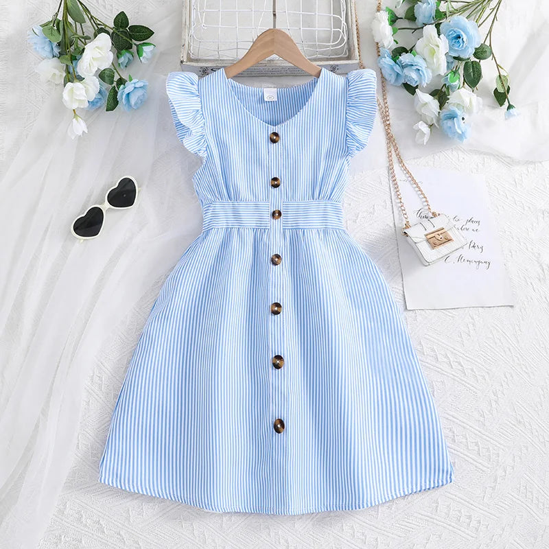 Girls Flutter Sleeve Striped Dress – Button Front Summer Style (8–12)