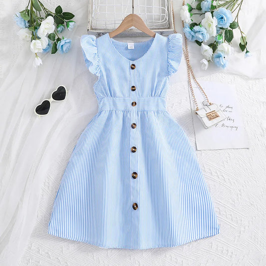 Girls Flutter Sleeve Striped Dress – Button Front Summer Style (8–12)