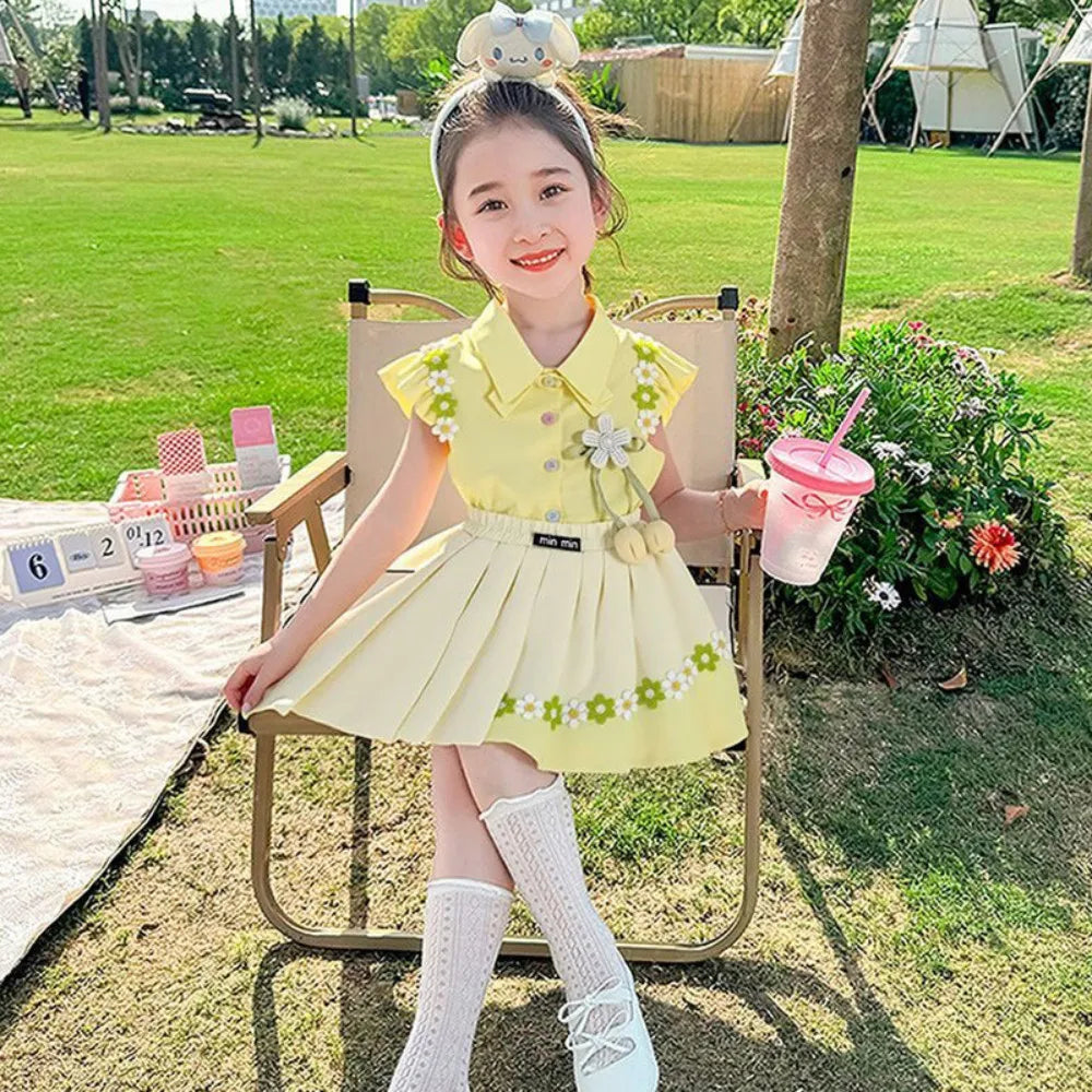 Little Girls Daisy Skirt Set – Ruffle Sleeve Button Top & Skirt (2T–7)