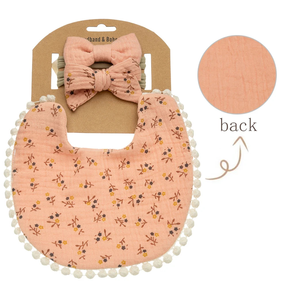 Floral Muslin Baby Bib & Bow Headband Set – 3 Piece Gift Set