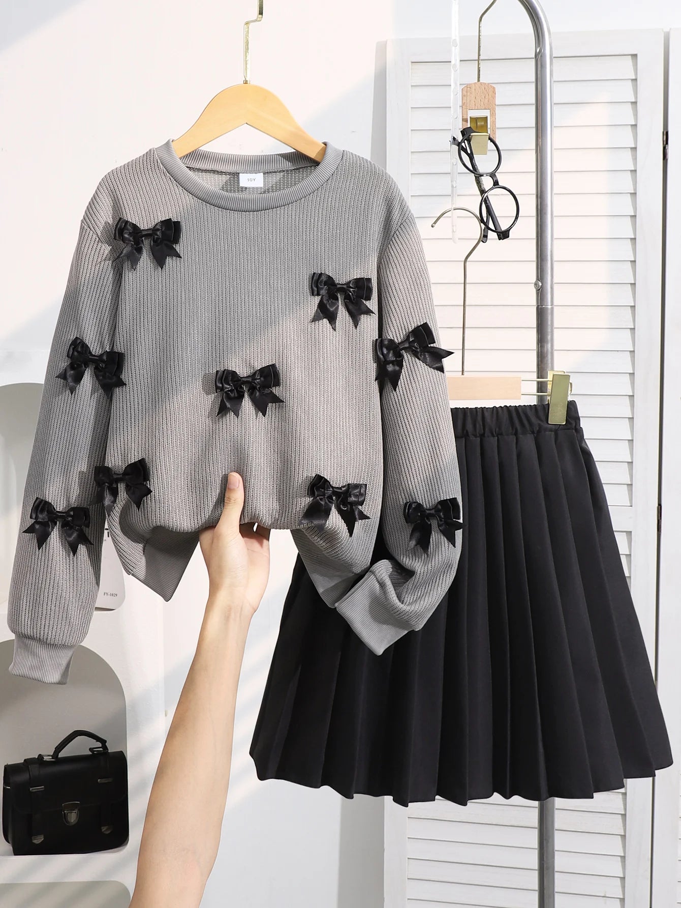 Girls Bow Sweater & Pleated Skirt Set –Dressy Two-Piece Outfit (8–12)