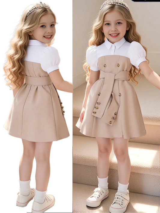 Little Girls Button Detail Dress – Puff Sleeve Special Occasion Dress (4–7)