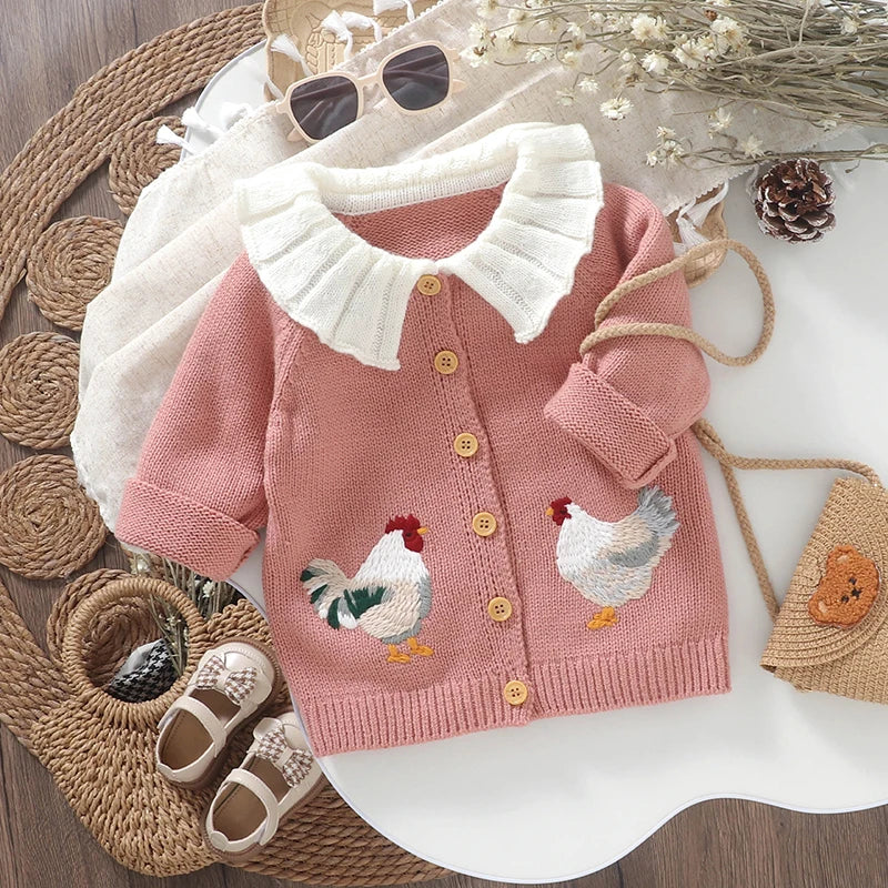 Girls Chicken Embroidered Cardigan