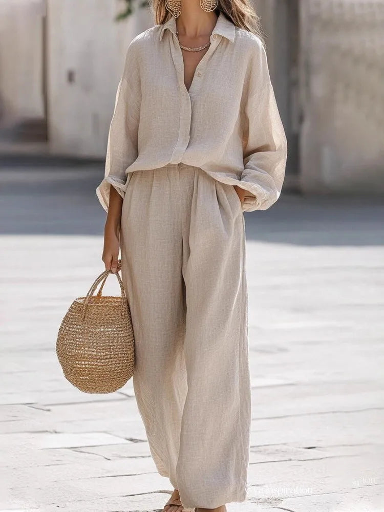 Lightweight Button-Up Lounge Set – Relaxed Top & Wide Leg Pants