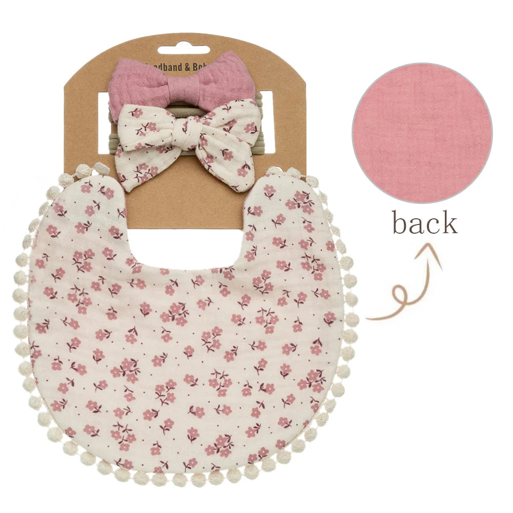 Floral Muslin Baby Bib & Bow Headband Set – 3 Piece Gift Set