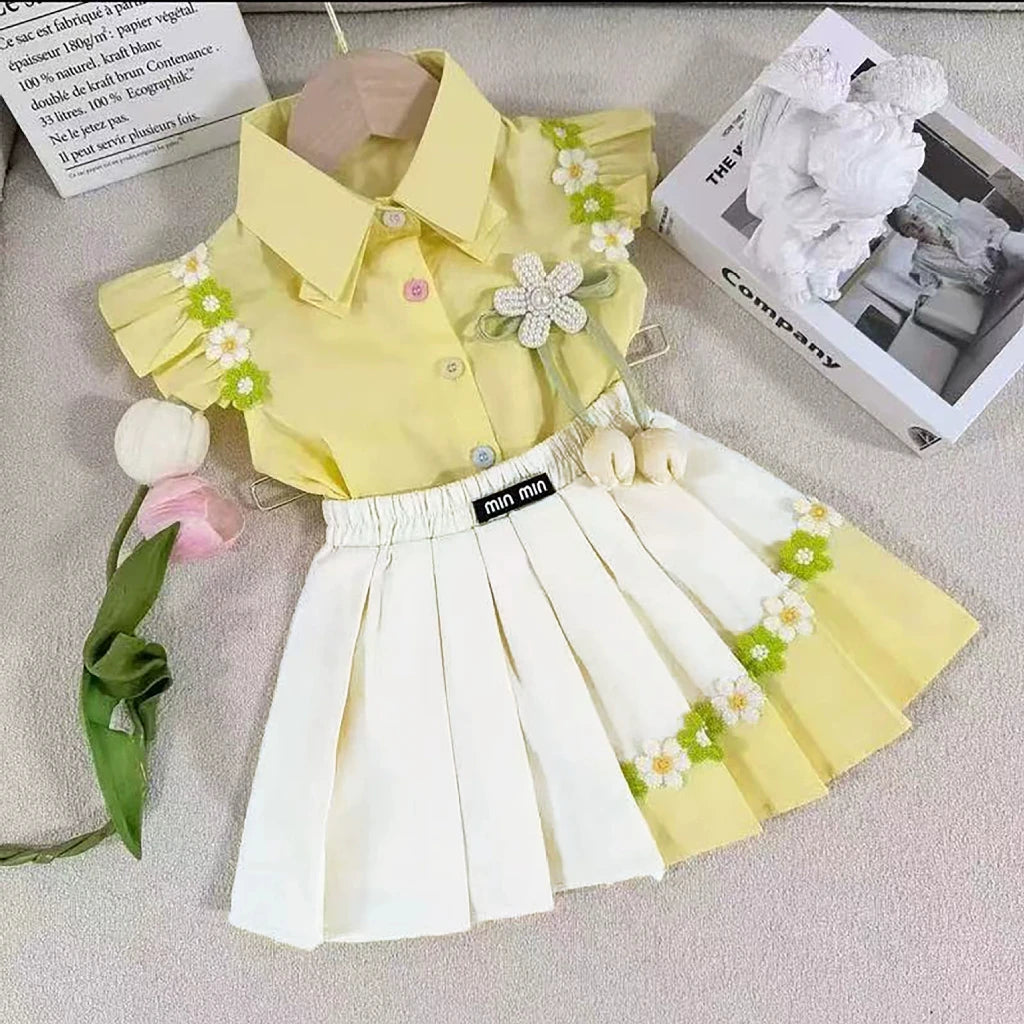 Little Girls Daisy Skirt Set – Ruffle Sleeve Button Top & Skirt (2T–7)