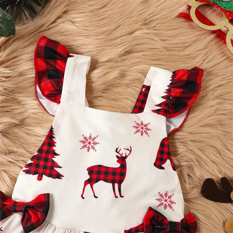 Infant Baby Girls Christmas Dress -Tree and Reindeer Plaid Print