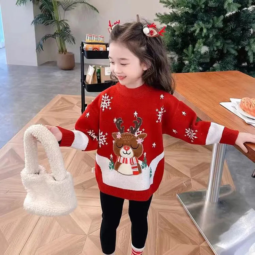 Girls Christmas Reindeer Pullover Sweater